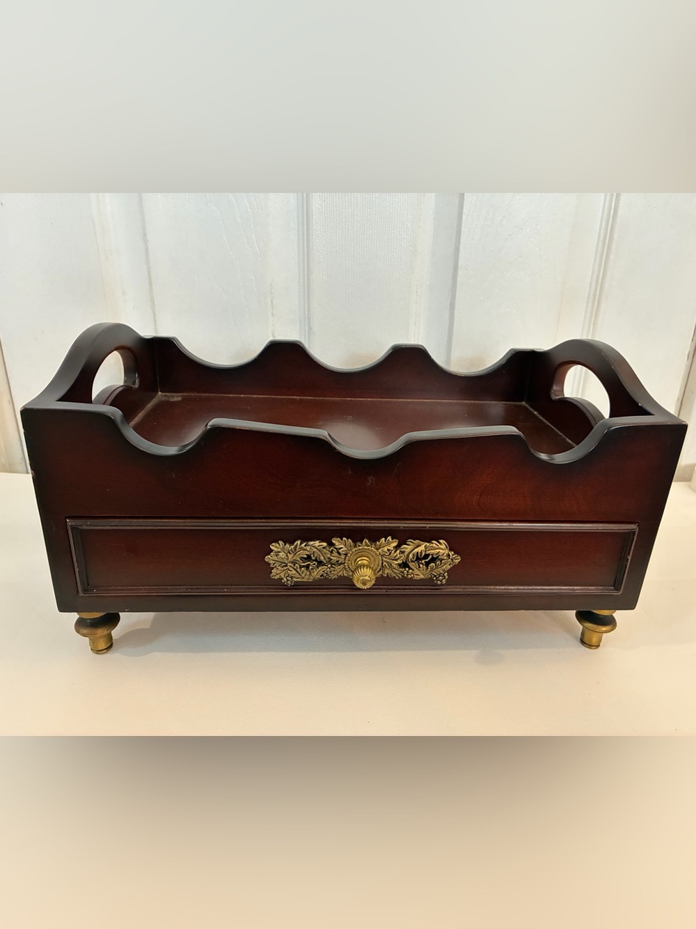 Vintage Bombay Company Mahogany 3-Bottle Wine Rack Accessory Drawer Brass Feet